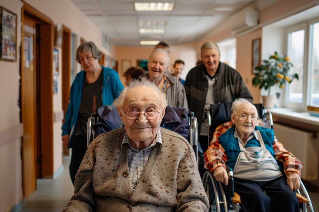 Two older adults participating in a group activity with attentive staff in a bright, comfortable common room.